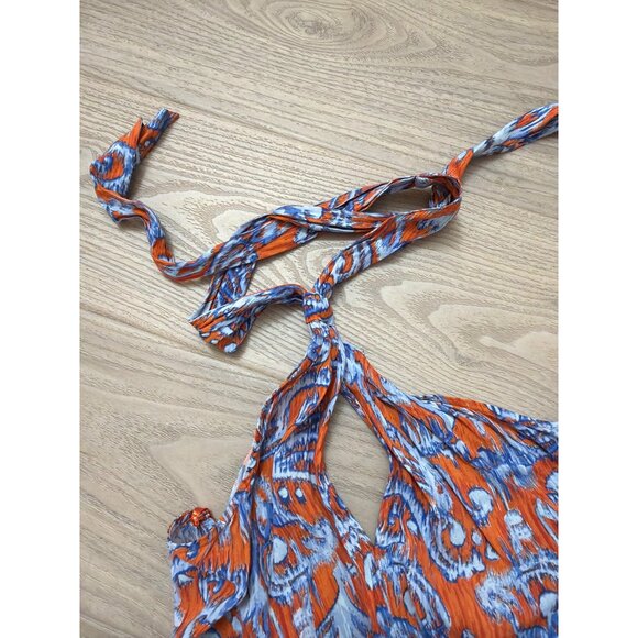 8BCBGMaxAzria XS Womens Orange & Blue Halter Neck Printed Romper - Picture 3 of 4